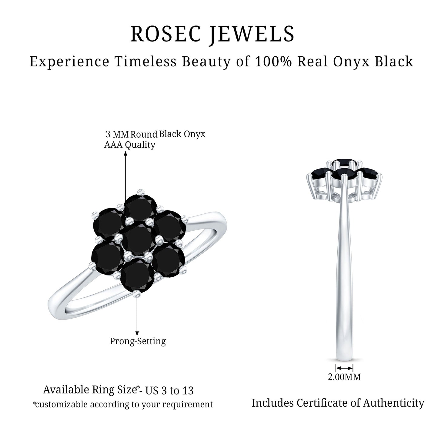 Genuine Black Onyx Flower Engagement Ring With Certificate
