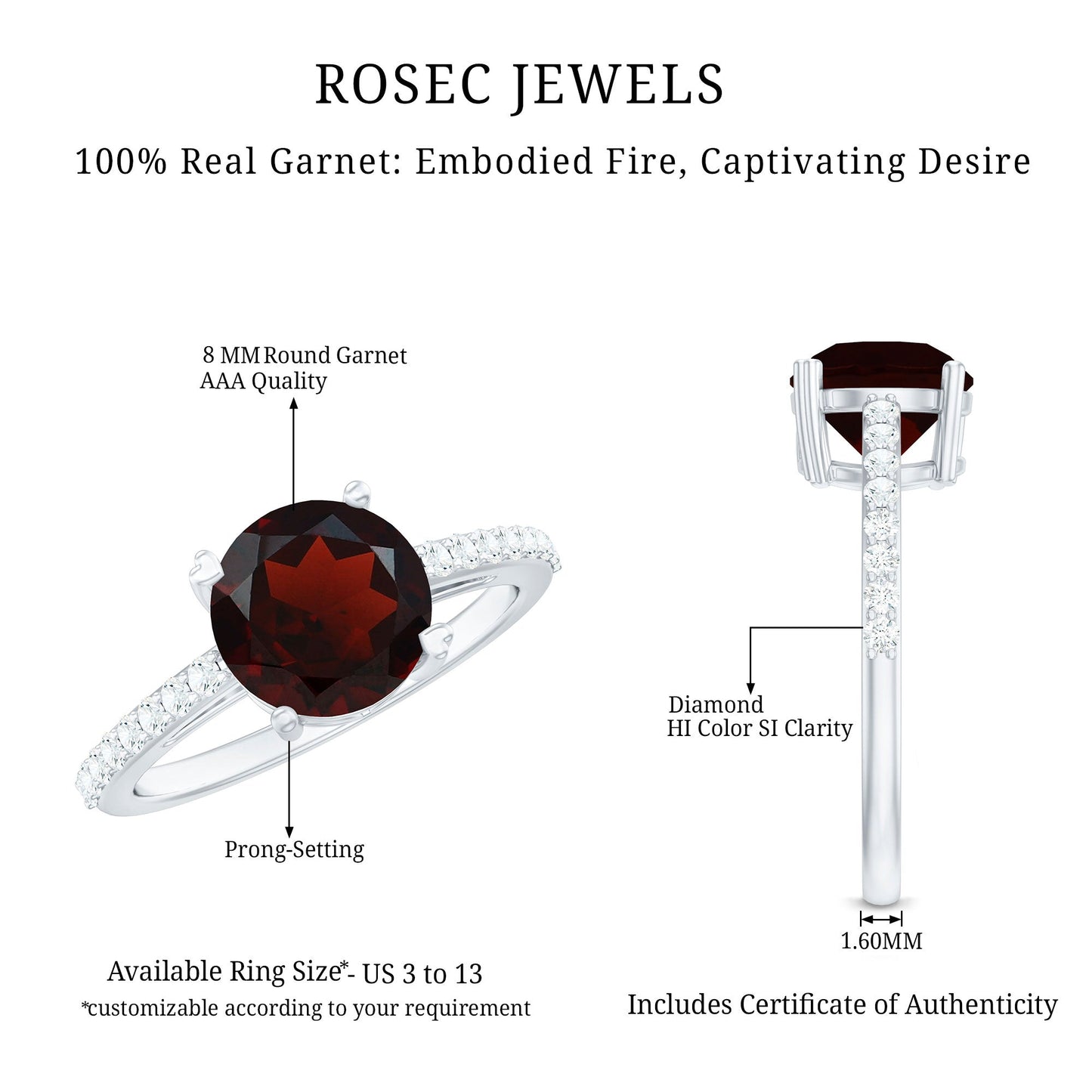 Certified Natural 2.3 Carat Garnet Big Engagement Ring with Diamond