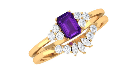 1.4 Carat Amethyst Emerald Cut Engagement Ring with Diamond Wedding Band