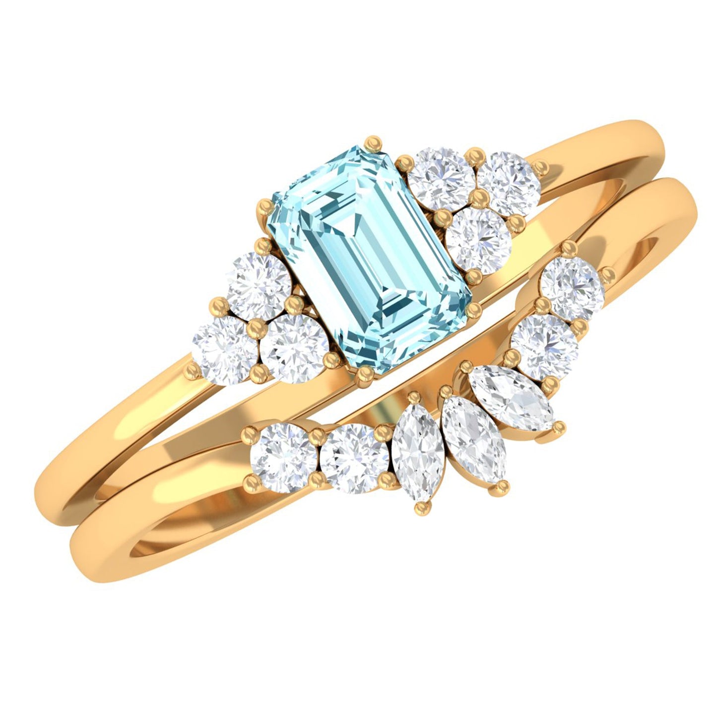 Natural Emerald Cut Aquamarine Marriage Ring Set with Diamond