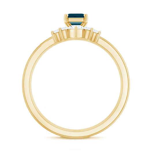 0.7 Carat Emerald Cut London Blue Topaz Solitaire Trio Ring Set with Diamond