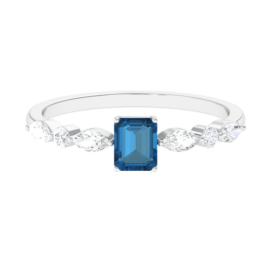 0.7 Carat Emerald Cut London Blue Topaz Solitaire Ring with Diamond