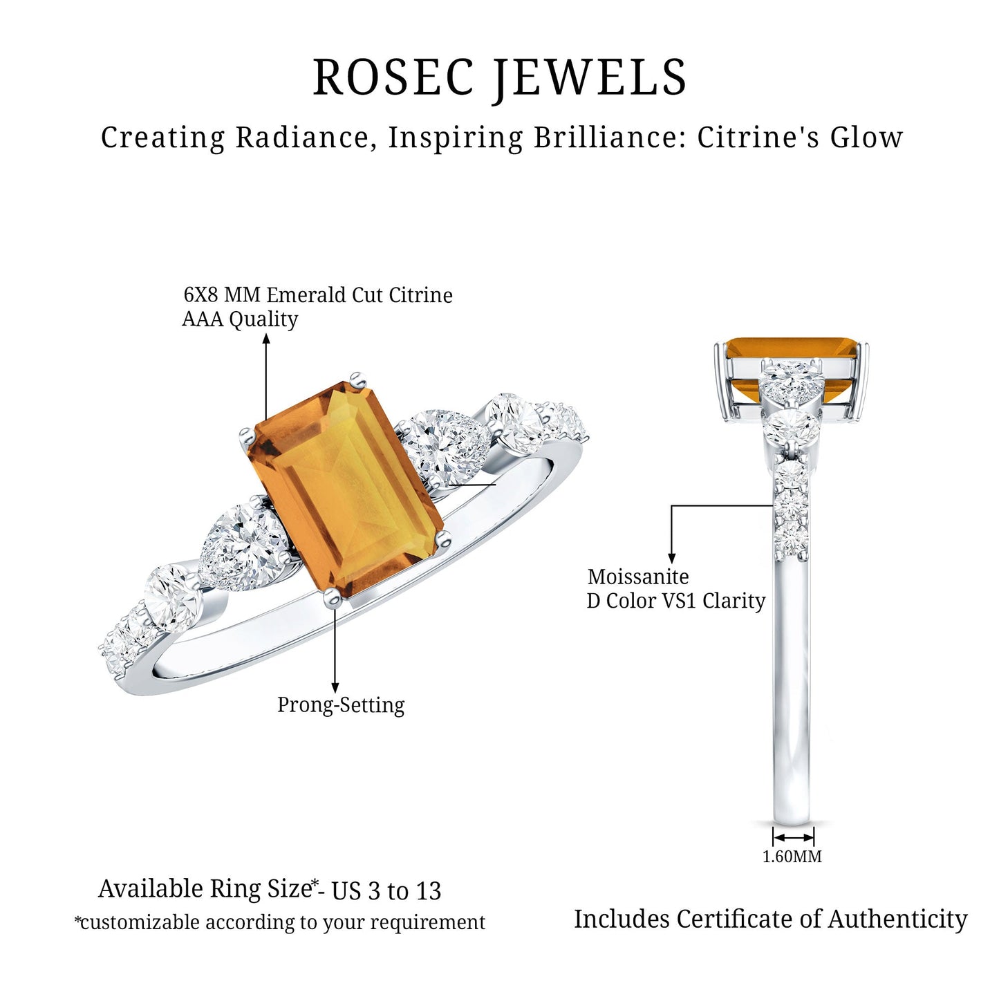 1.8 Carat Genuine Citrine Emerald Cut Engagement Ring with Moissanite Side Stones
