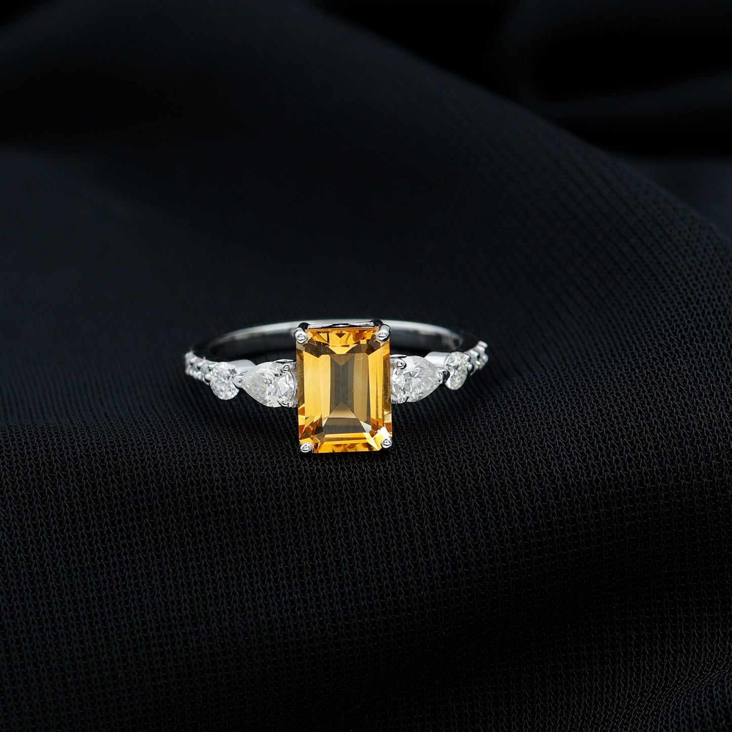 1.8 Carat Genuine Citrine Emerald Cut Engagement Ring with Moissanite Side Stones