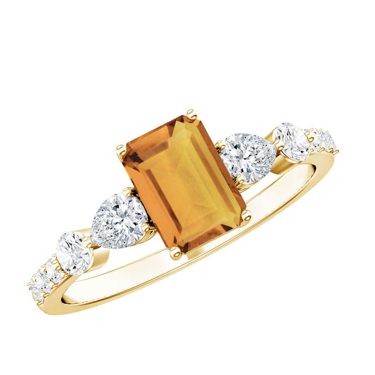 1.8 Carat Genuine Citrine Emerald Cut Engagement Ring with Moissanite Side Stones