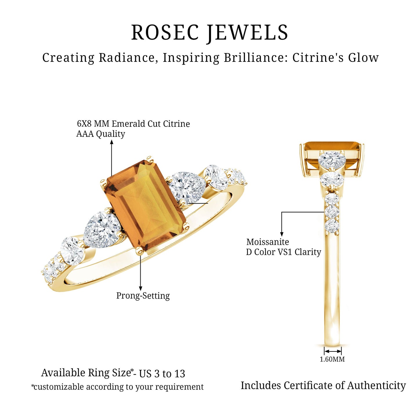 1.8 Carat Genuine Citrine Emerald Cut Engagement Ring with Moissanite Side Stones
