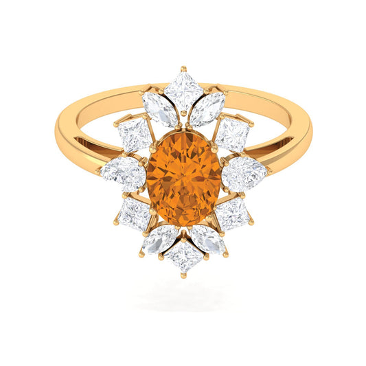 1 Carat Oval Cut Citrine Cocktail Ring with Moissanite Stones
