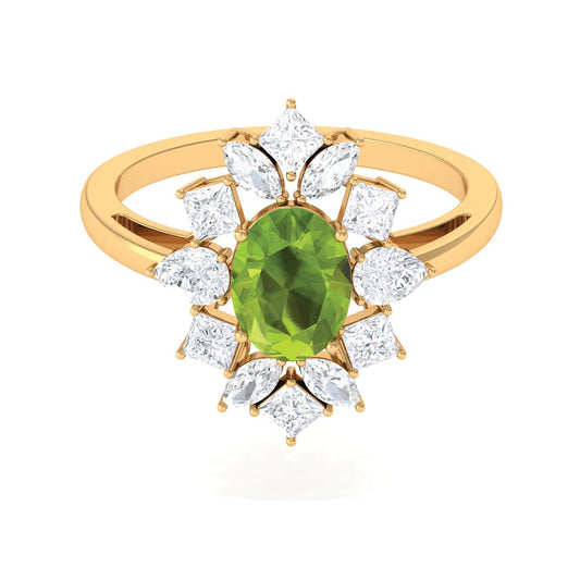 1 Carat Natural Peridot Cocktail Ring with Moissanite Stones