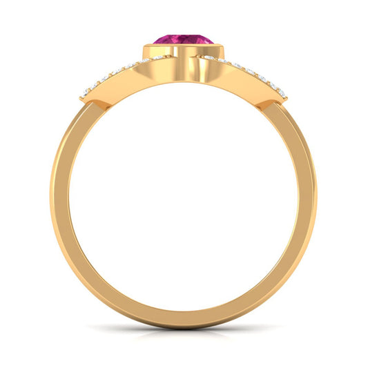 Pink Tourmaline Solitaire Split Shank Ring with Diamond