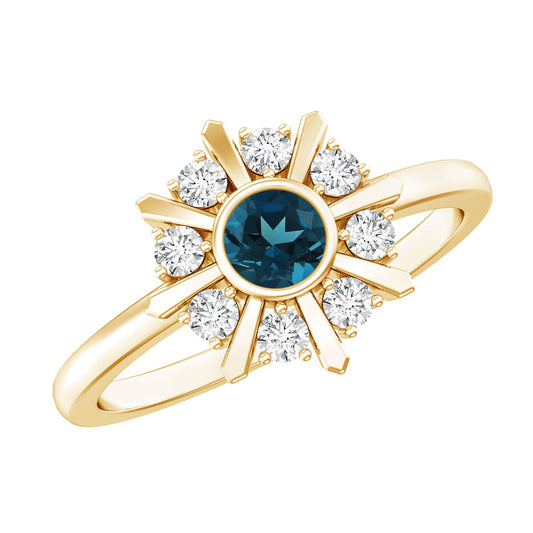 0.6 Carat Round London Blue Topaz Flower Ring with Diamond