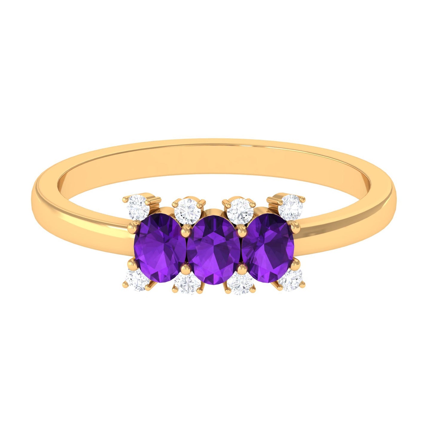 Natural Oval Amethyst 3 Stone Promise Ring with Diamond