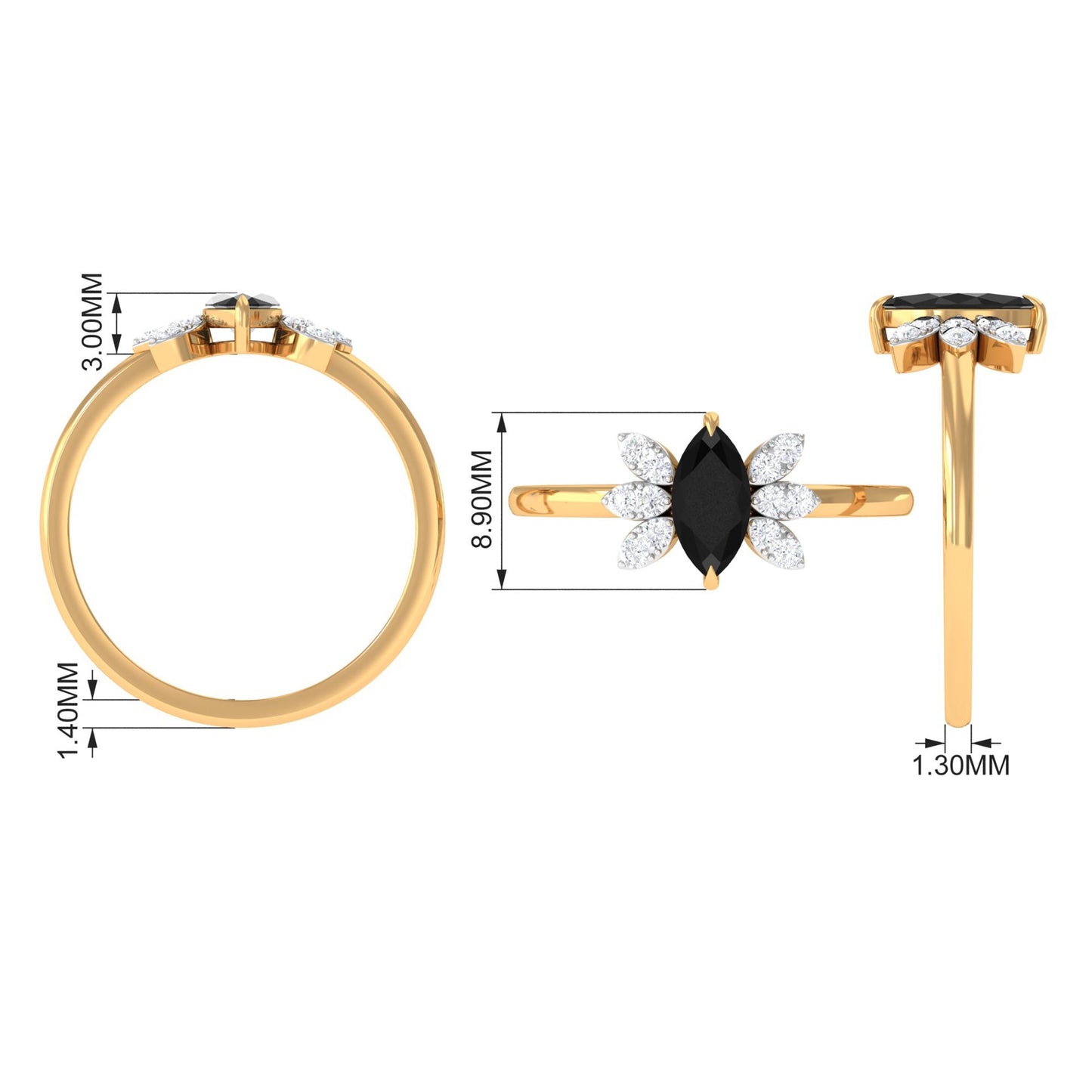 0.7 Carat Claw Set Marquise Black Spinel and Diamond Promise Ring