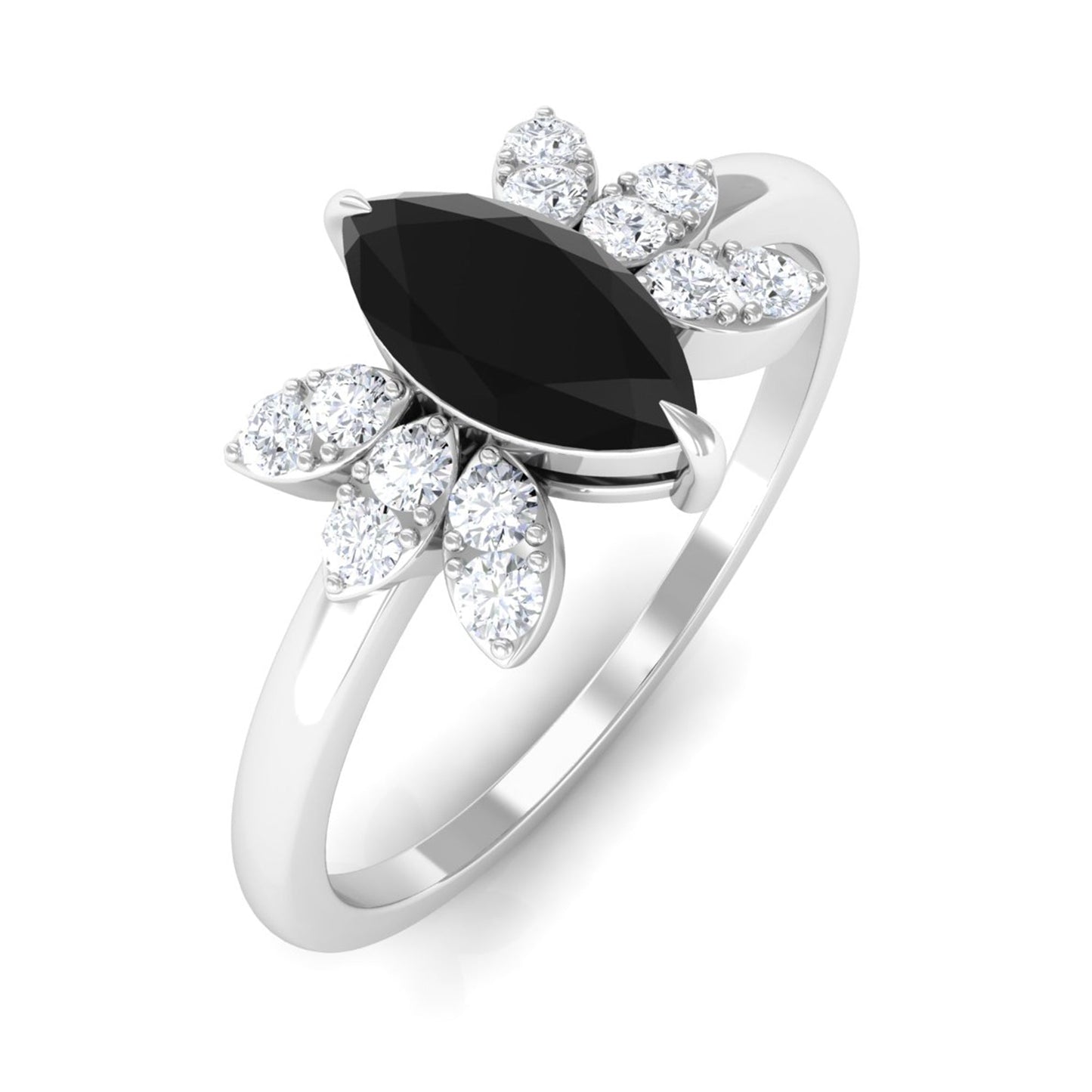 0.7 Carat Claw Set Marquise Black Spinel and Diamond Promise Ring
