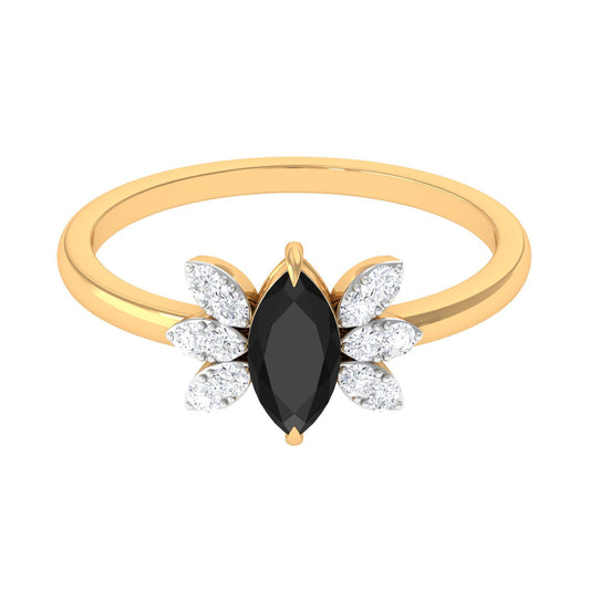 0.7 Carat Claw Set Marquise Black Spinel and Diamond Promise Ring