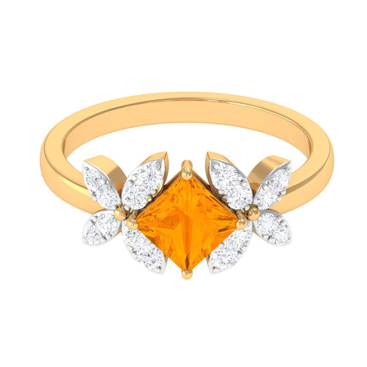 0.5 Carat Princess Cut Fire Opal Flower Engagement Ring with Diamond