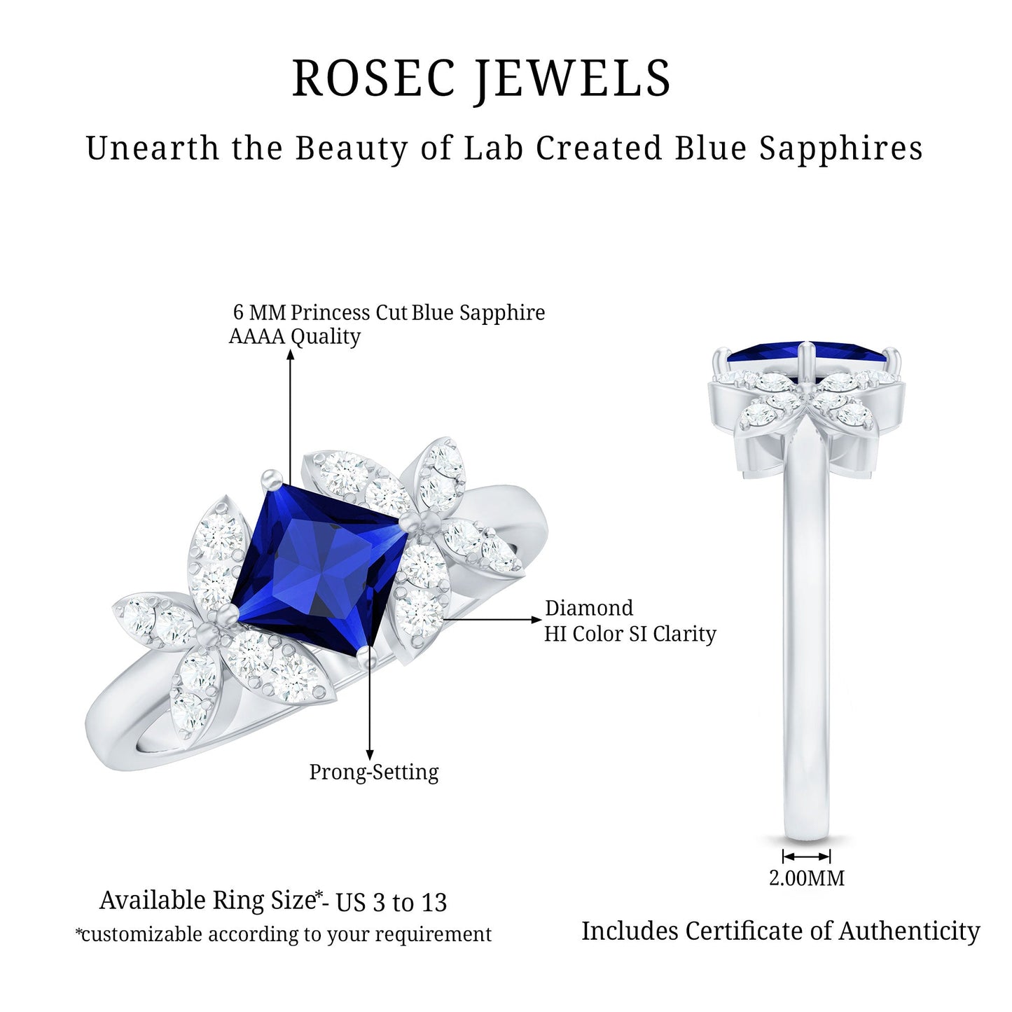Certified 1.5 Carat Princess Cut Lab Grown Blue Sapphire Engagement Ring with Diamond Flower