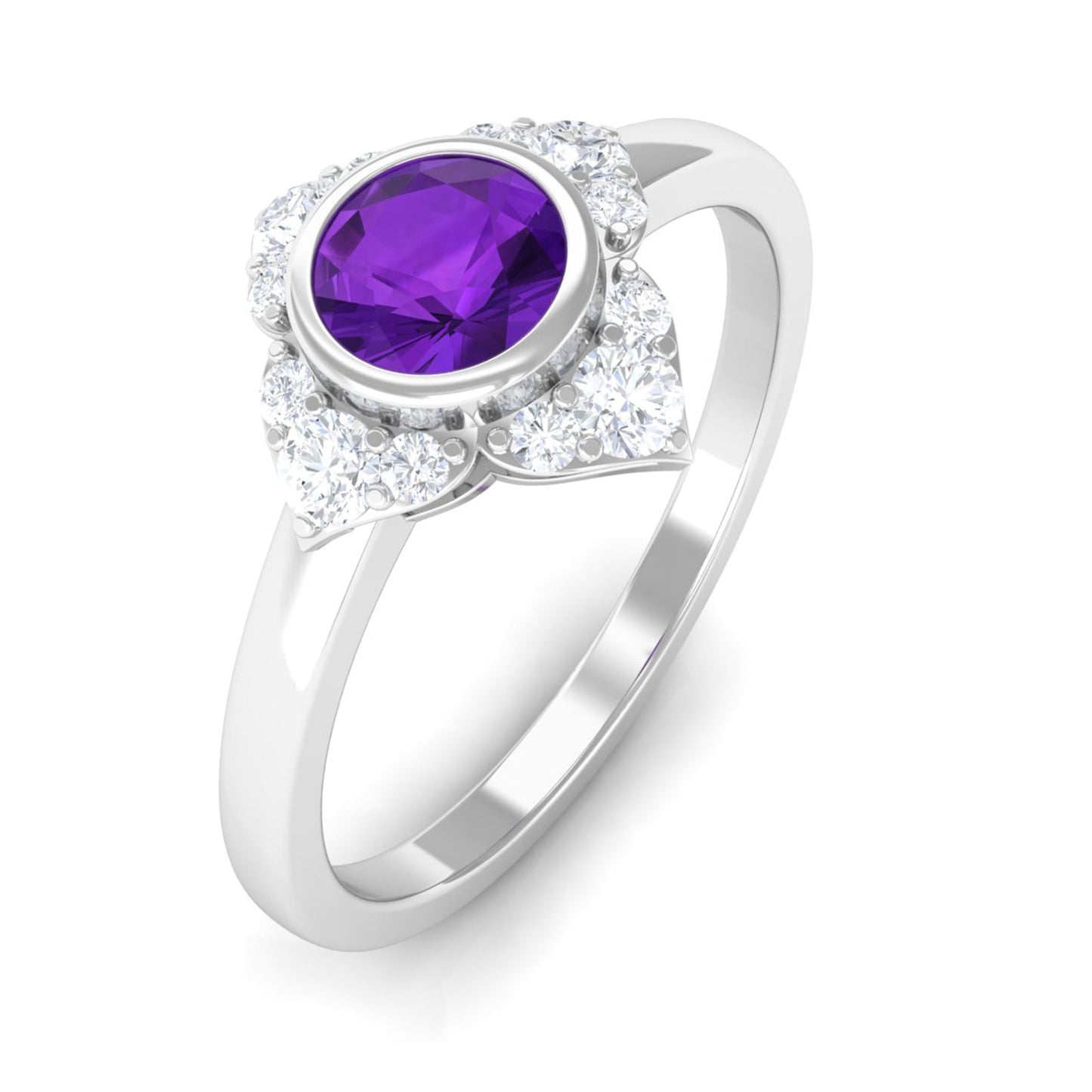 0.4 Carat Bezel Set Amethyst Flower Engagement Ring with Diamond