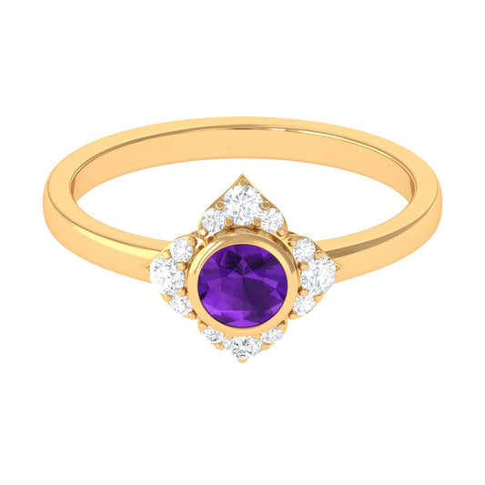 0.4 Carat Bezel Set Amethyst Flower Engagement Ring with Diamond