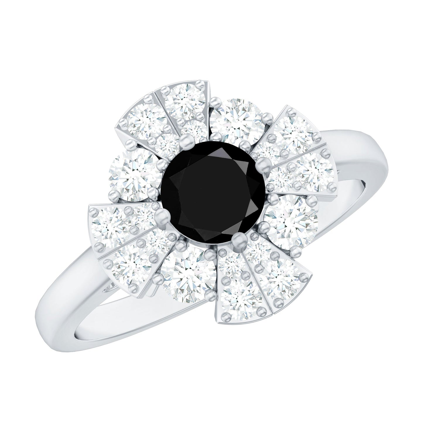 Natural Black Spinel Flower Engagement Ring with Moissanite