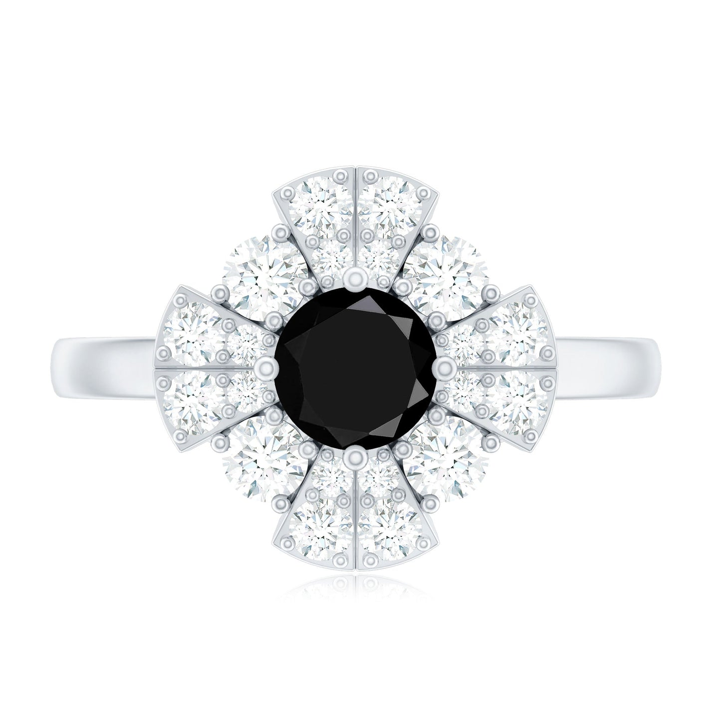 Natural Black Spinel Flower Engagement Ring with Moissanite