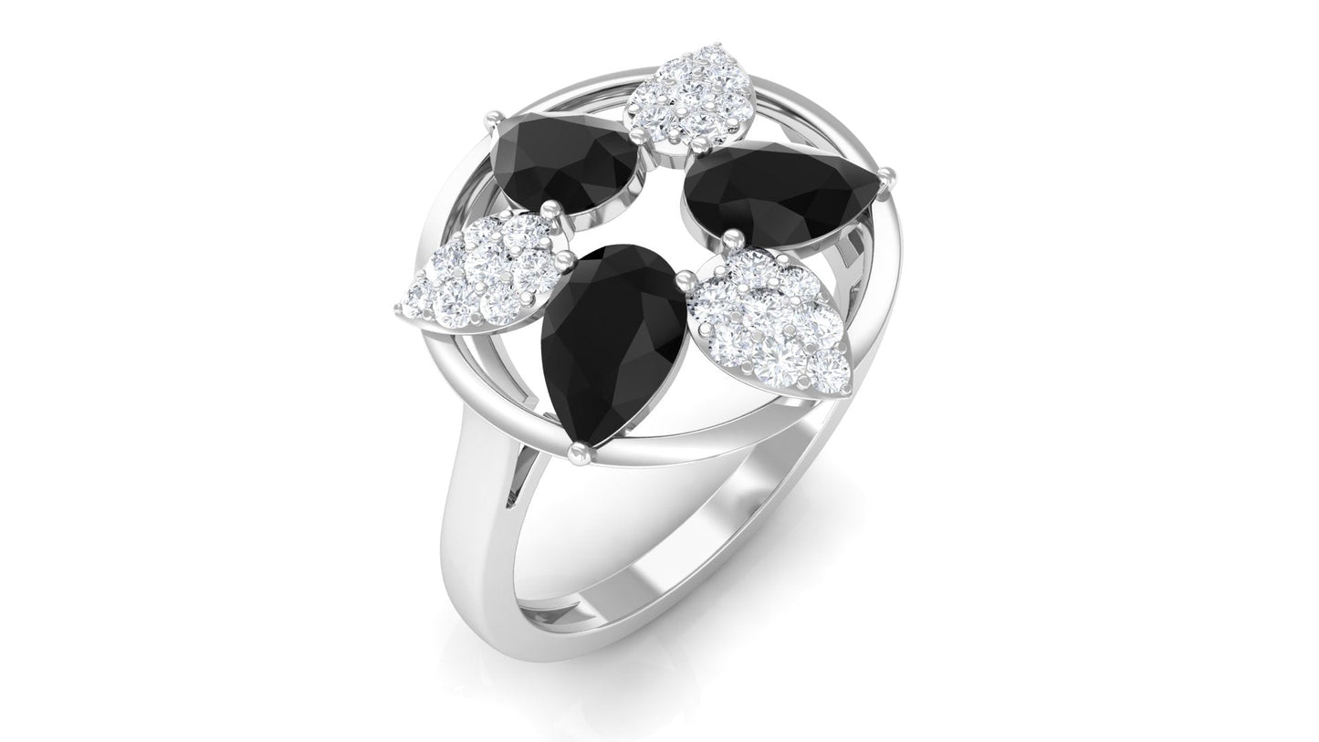 Certified Black Spinel and Diamond Flower Cocktail Ring