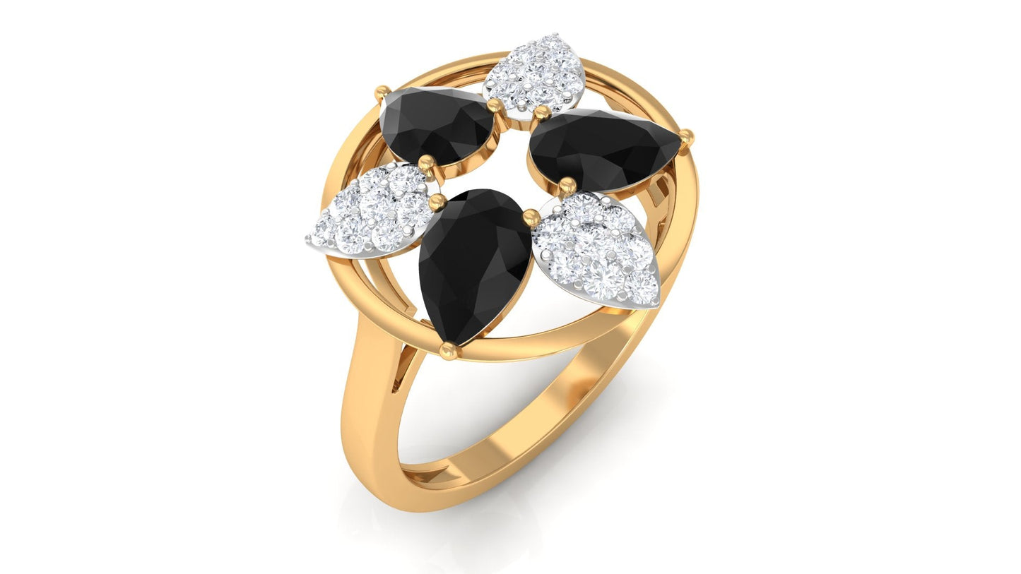 Certified Black Spinel and Diamond Flower Cocktail Ring