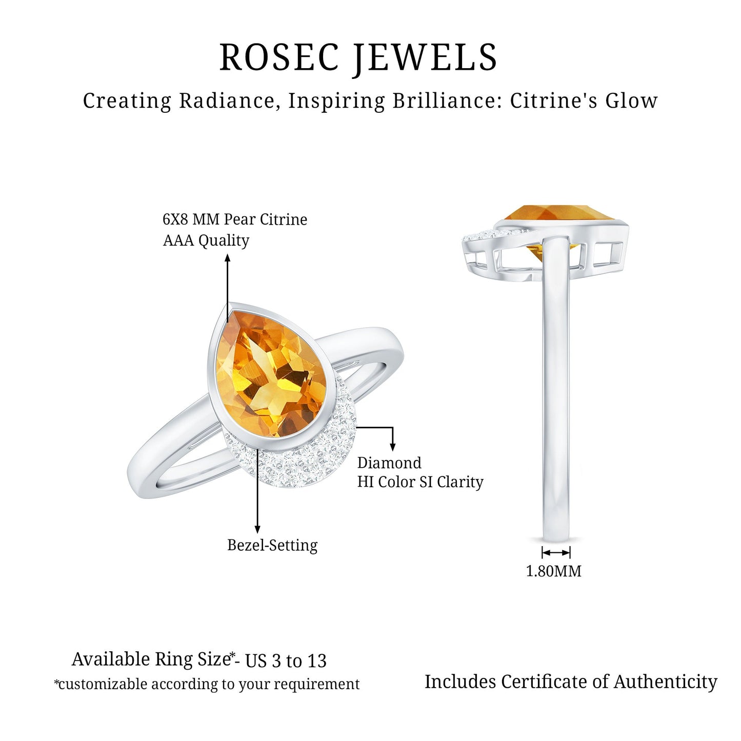 Real 1 Carat Citrine Teardrop Engagement Ring with Diamond