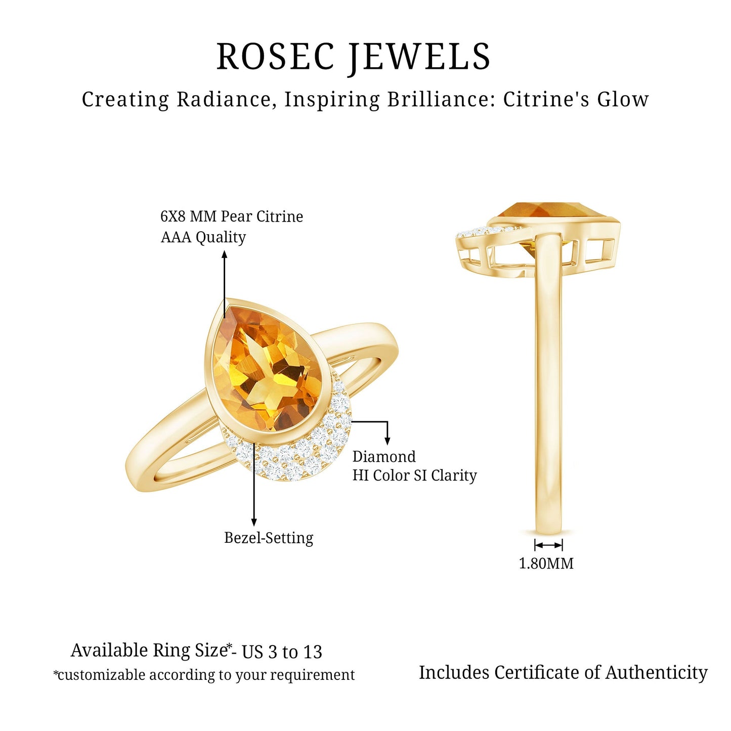 Real 1 Carat Citrine Teardrop Engagement Ring with Diamond