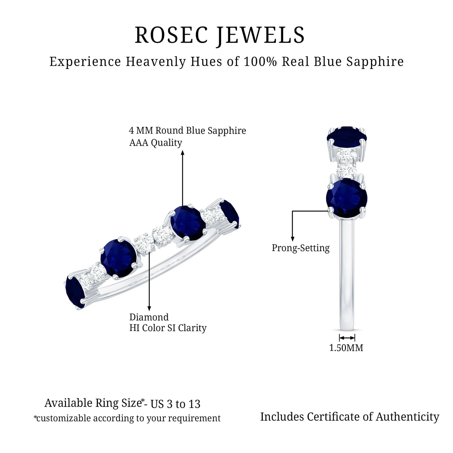Genuine Blue Sapphire Half Eternity Ring with Diamond