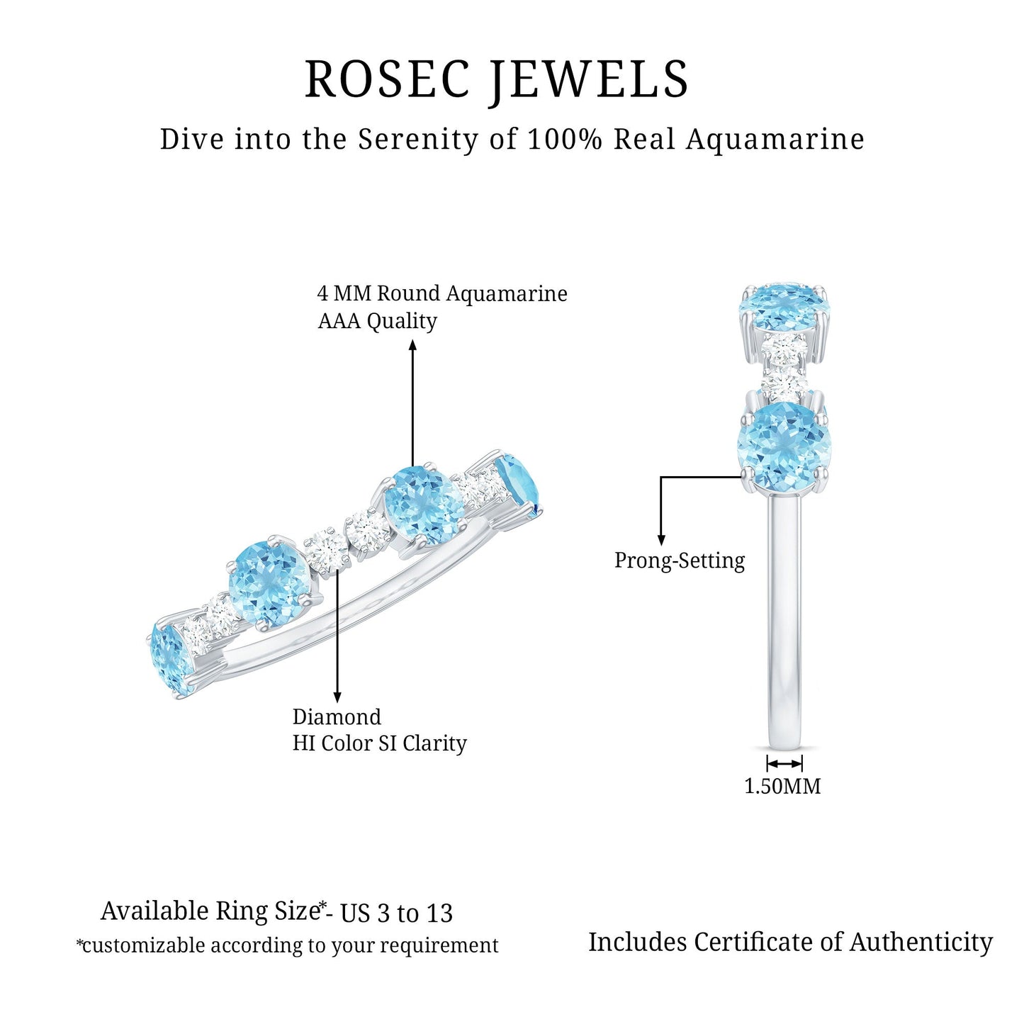 Genuine Aquamarine and Diamond Half Eternity Ring in Prong Setting