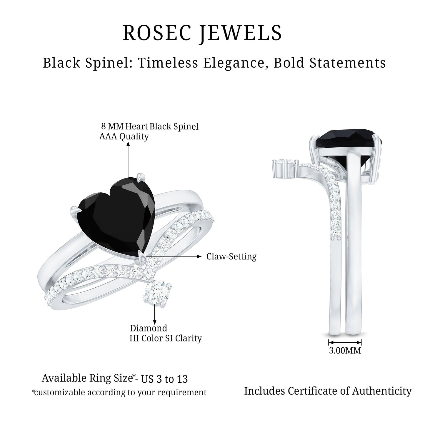 Genuine 2 Carat Black Spinel Heart Engagement Ring with Diamond Enhancer