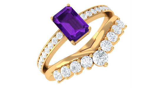 1.4 Carat Emerald Cut Amethyst Diamond Wedding Bridal Ring Set