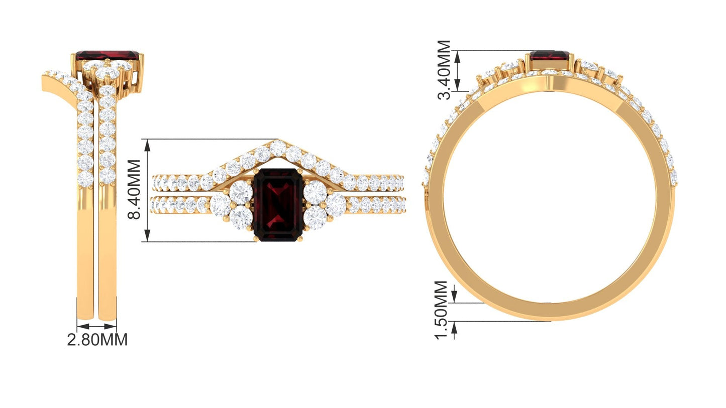 Natural Garnet Diamond Emerald Cut Engagement Wedding Ring Set