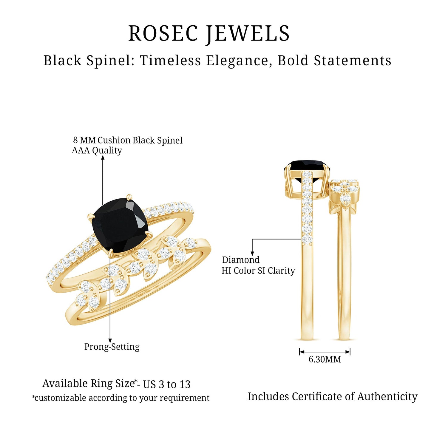Natural 2 Carat Black Spinel Diamond Cushion Cut Engagement Ring with Enhancer