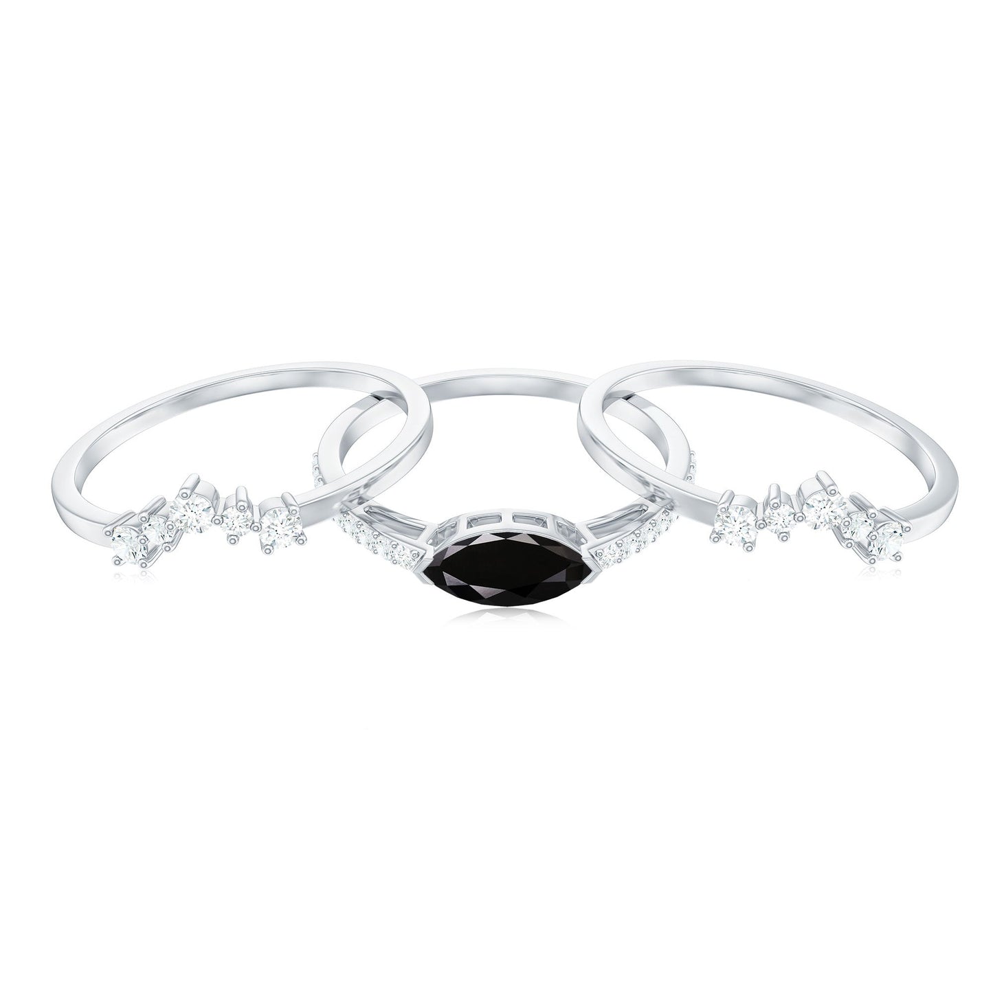 0.7 Carat Natural Marquise Black Spinel Diamond 3 Piece Bridal Ring Set