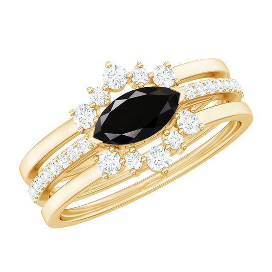 0.7 Carat Natural Marquise Black Spinel Diamond 3 Piece Bridal Ring Set