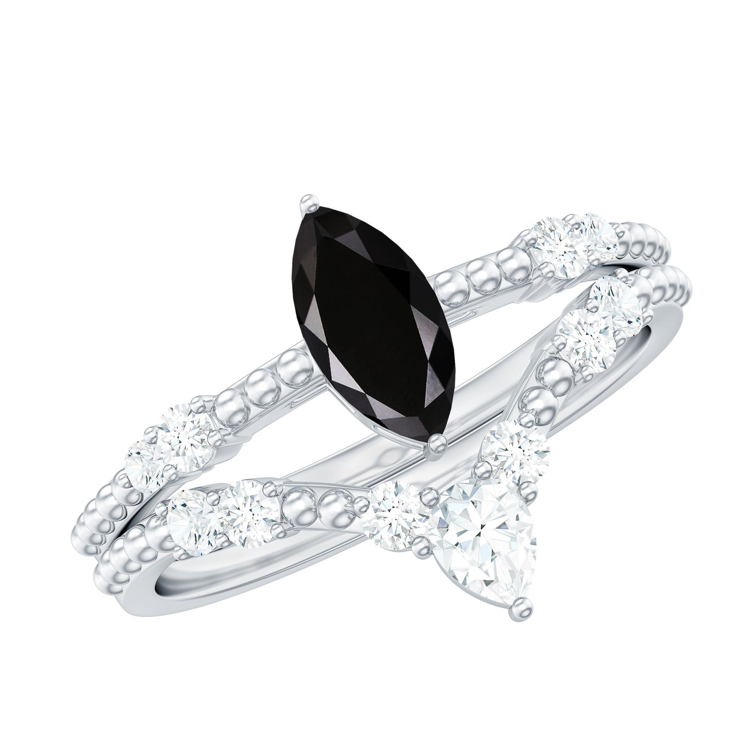 0.7 Carat Marquise Cut Black Onyx Solitaire Ring Set with Moissanite Band