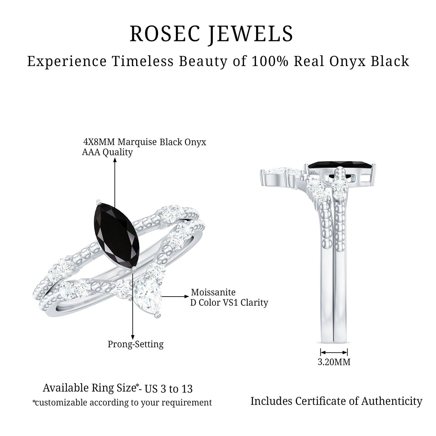 0.7 Carat Marquise Cut Black Onyx Solitaire Ring Set with Moissanite Band