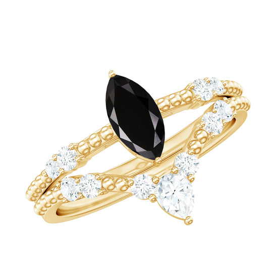 0.7 Carat Marquise Cut Black Onyx Solitaire Ring Set with Moissanite Band