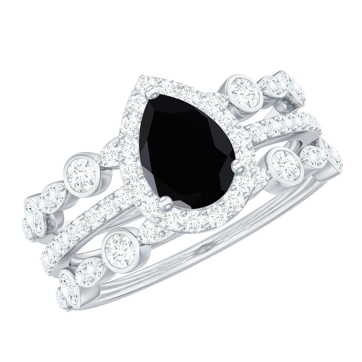 0.6 Carat Natural Pear Shape Black Spinel Moissanite Bridal Ring Set of 3