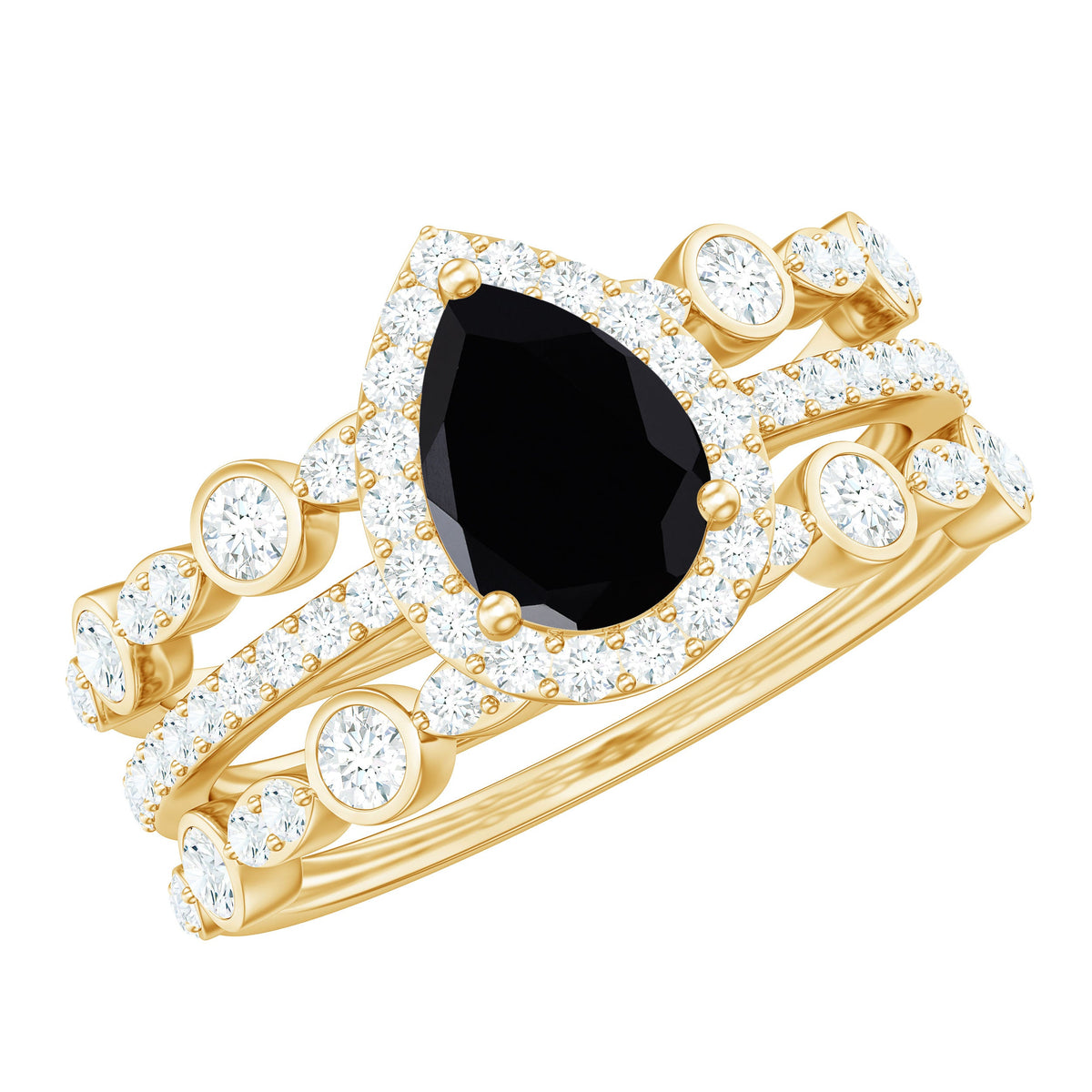 0.6 Carat Natural Pear Shape Black Spinel Moissanite Bridal Ring Set of 3