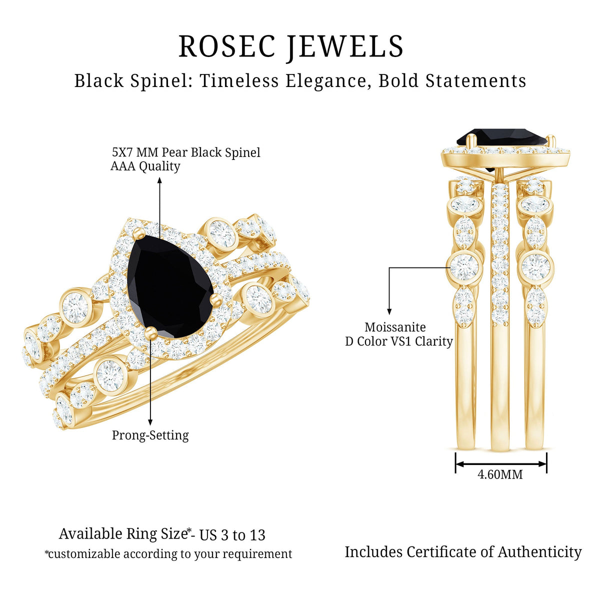 0.6 Carat Natural Pear Shape Black Spinel Moissanite Bridal Ring Set of 3