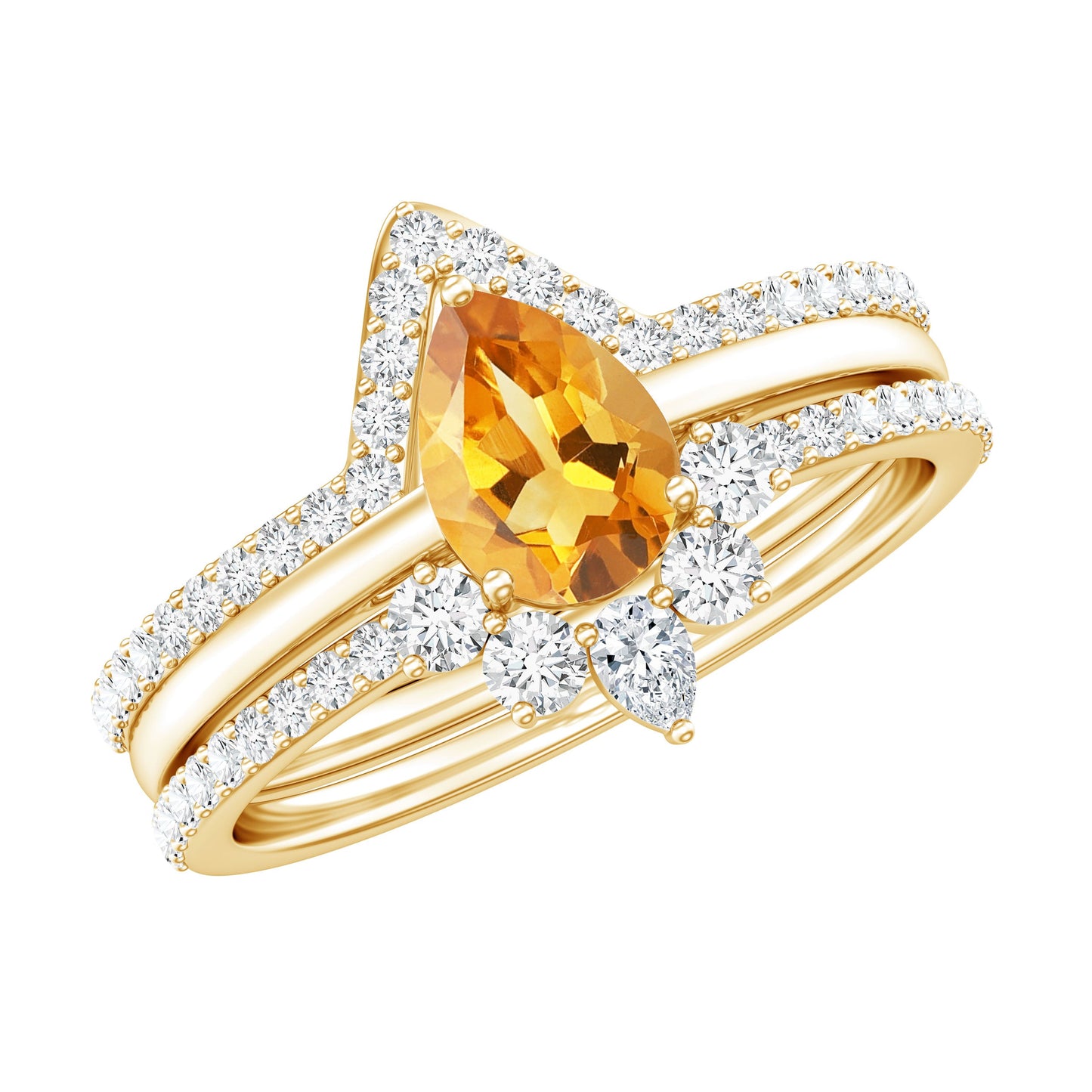 Natural 0.6 Carat Pear Shape Citrine Wedding Bridal Ring Set of 3 with Certificate