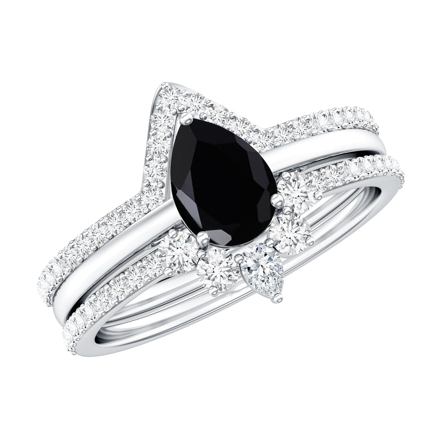 Certified 0.6 Carat Natural Black Spinel 3 Piece Wedding Ring Set with Moissanite