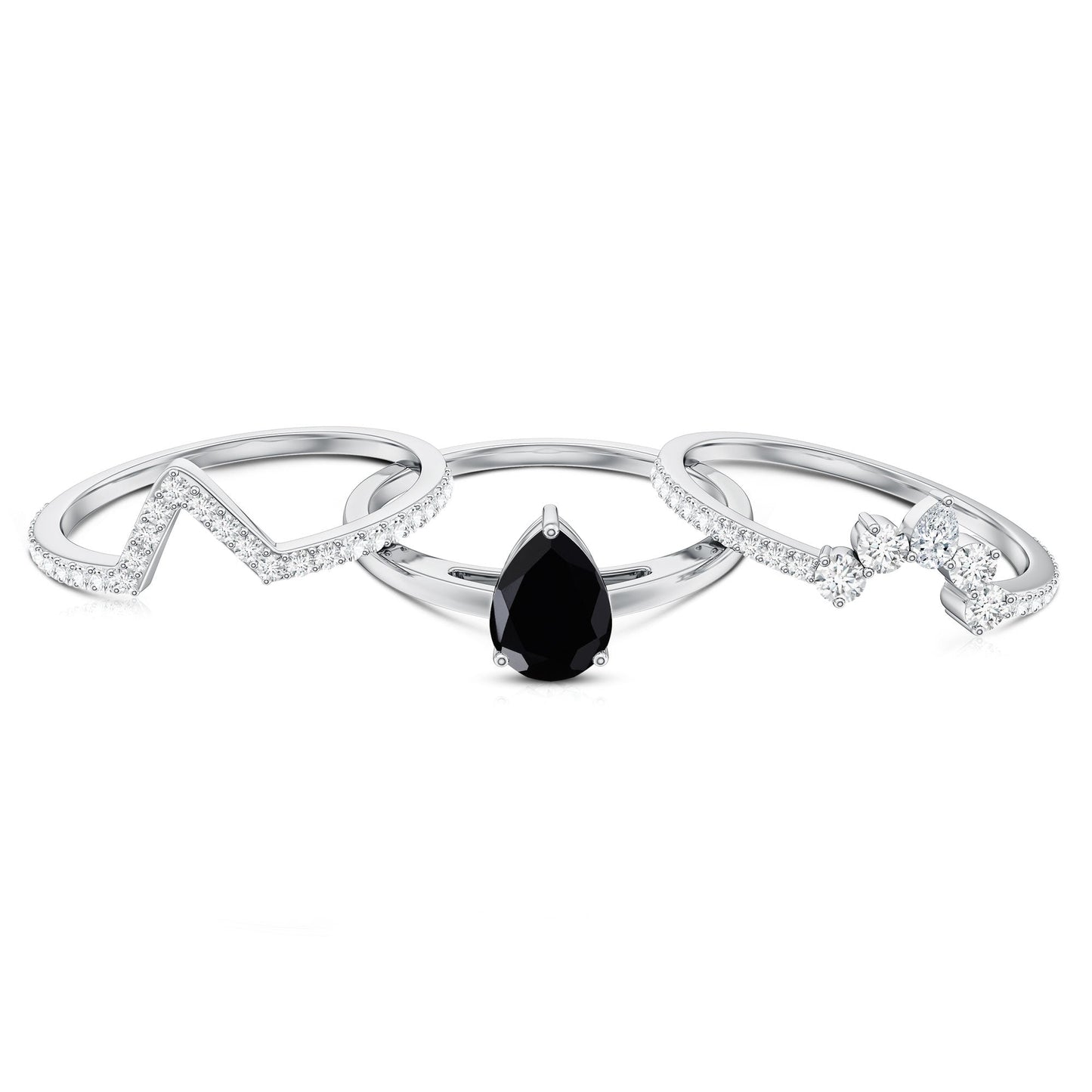 Certified 0.6 Carat Natural Black Spinel 3 Piece Wedding Ring Set with Moissanite