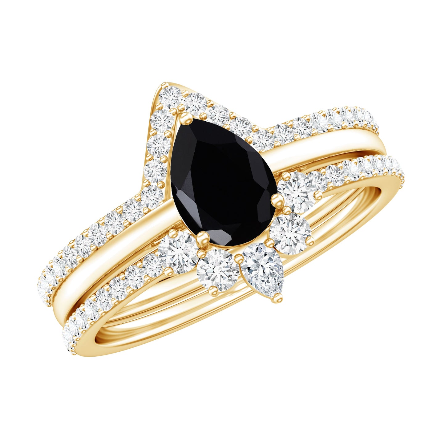 Certified 0.6 Carat Natural Black Spinel 3 Piece Wedding Ring Set with Moissanite