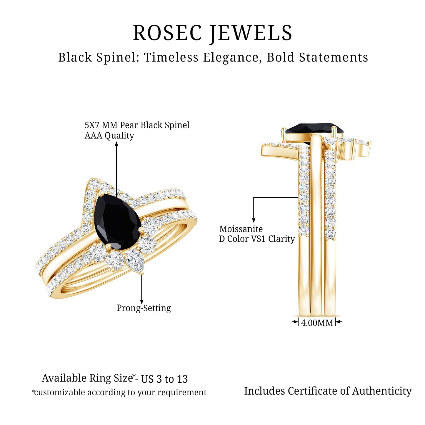 Certified 0.6 Carat Natural Black Spinel 3 Piece Wedding Ring Set with Moissanite