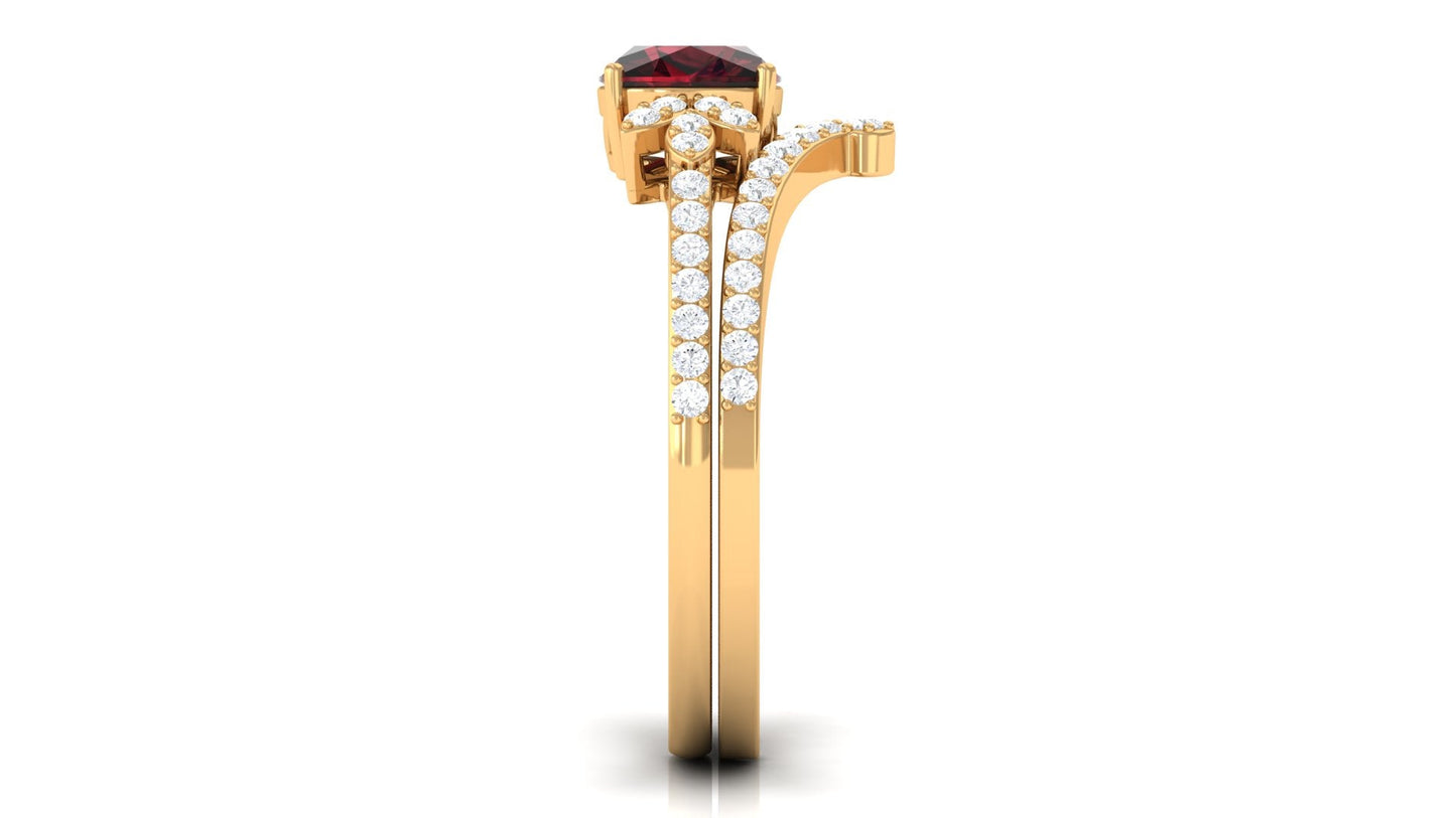 Cushion Cut Garnet and Diamond Designer Wedding Ring Set For Her