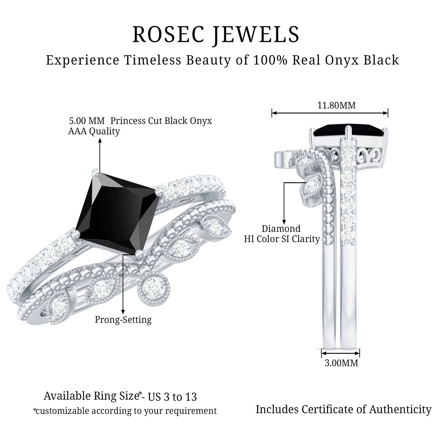 0.5 Carat Princess Cut Black Onyx Engagement Ring with Diamond Wedding Band