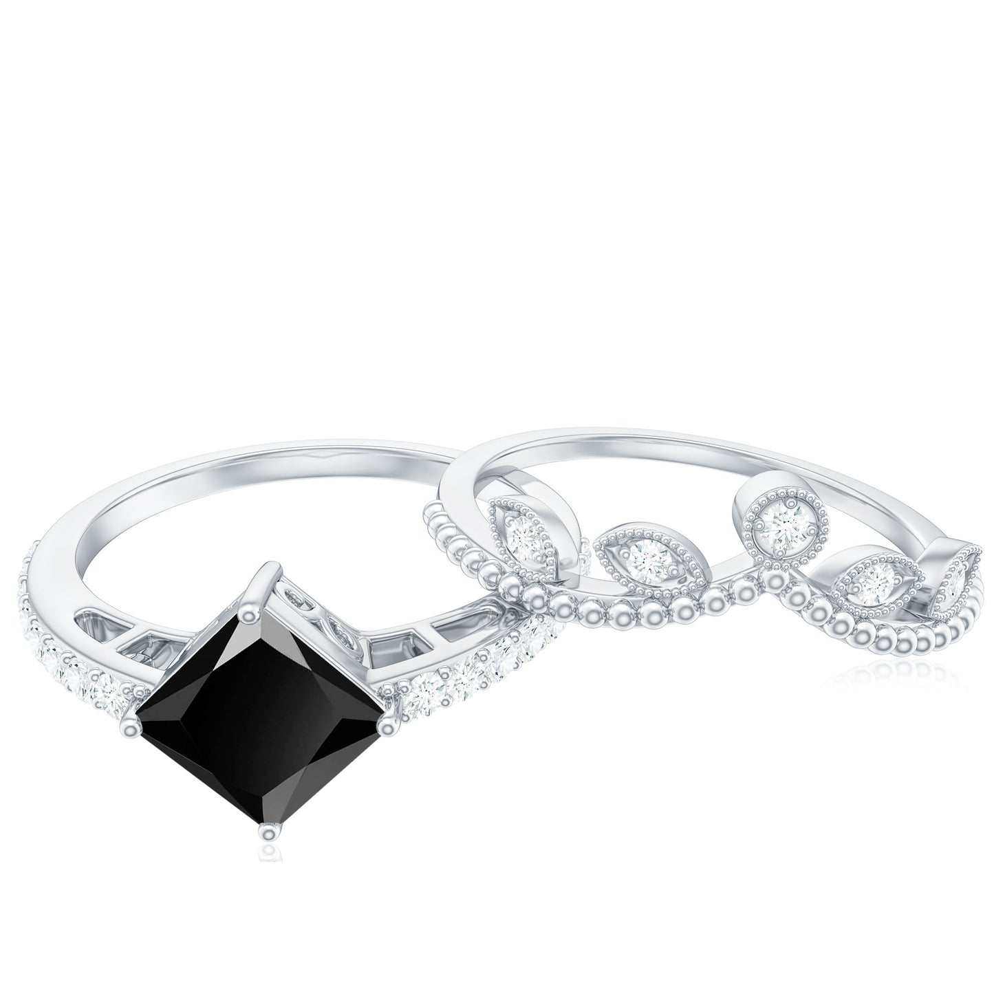 0.5 Carat Princess Cut Black Onyx Engagement Ring with Diamond Wedding Band
